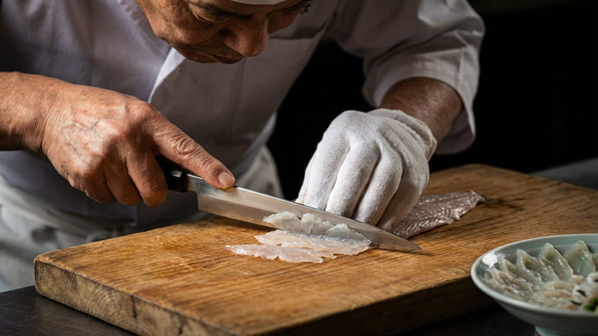 Şef tarafından hazırlanan Fugu balığı sashimi tabağı